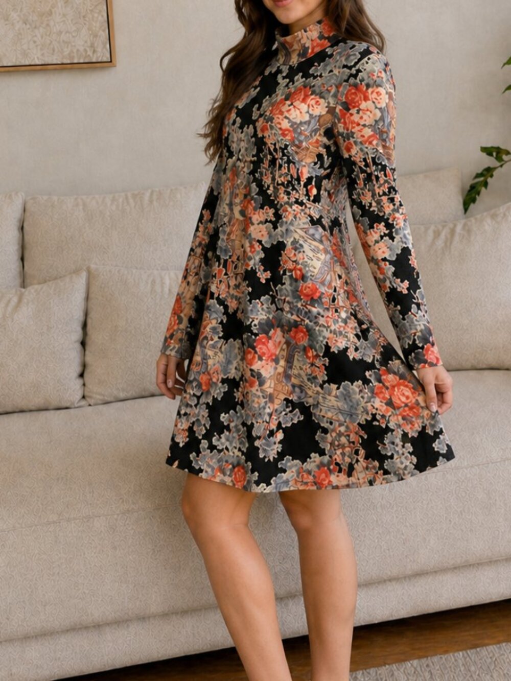 ZARA AW21 floral pattern garden print mock neck dress, fall boho chic workwear
